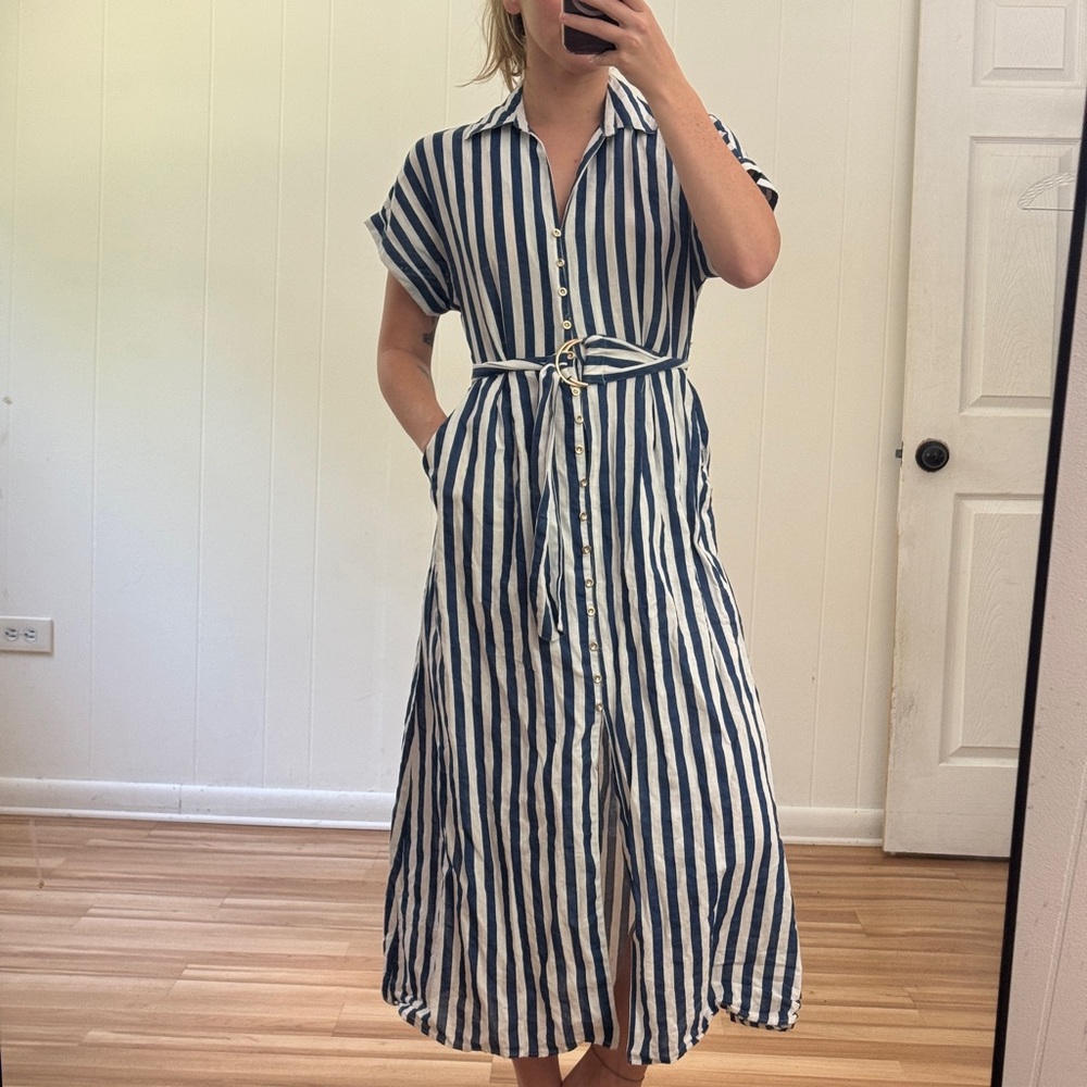 Zara Striped Blue and White Belted Midi Dress